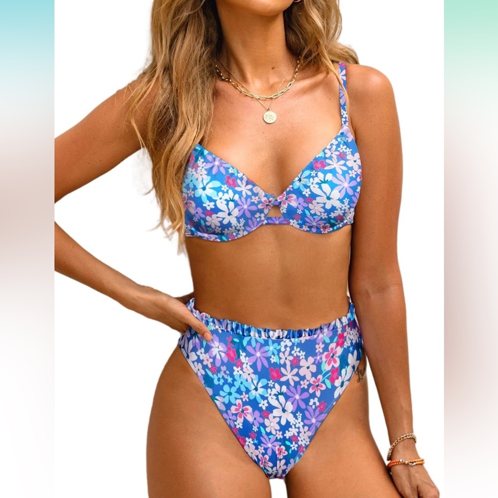 CUPSHE Women Swimsuit Bikini Set High Waisted Push Up Cheeky Bathing Suit NWOT